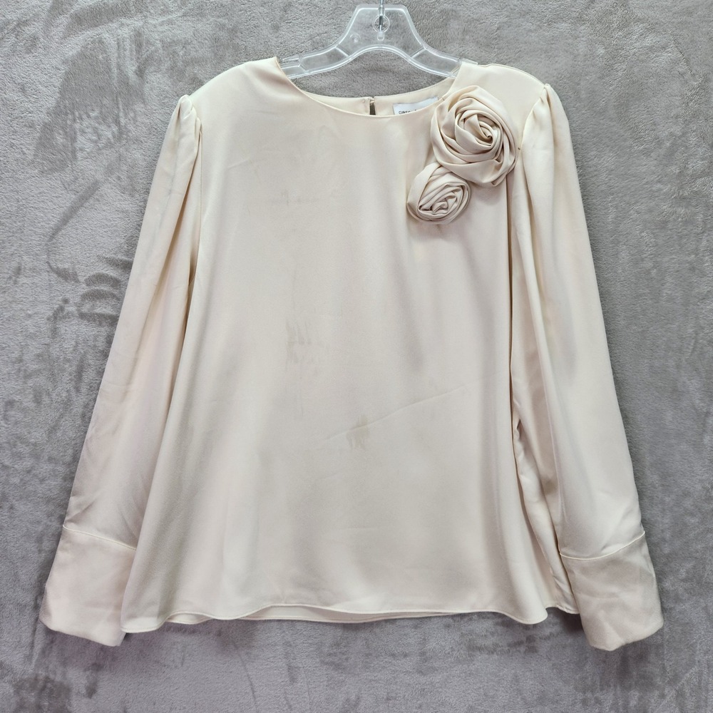 Gibson Latimer Blouse Womens Large Champagne Long‎ Sleeve Blouse Floral Rosette
